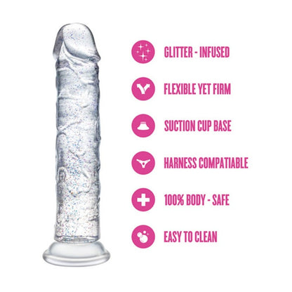 Godemichet transparent Glamor de 18 cm – base ventouse, flexible et compatible harnais